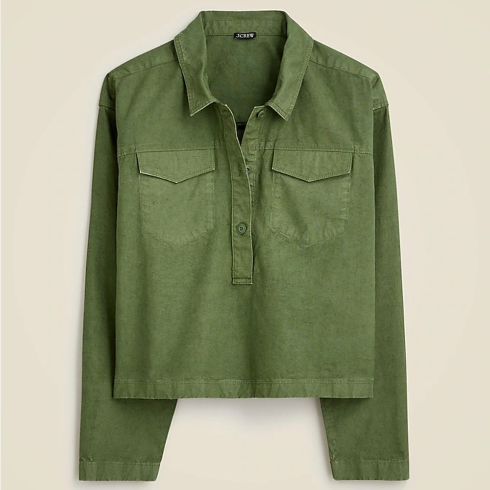 J.Crew Popover shirt in cotton-linen blend in Turf Moss